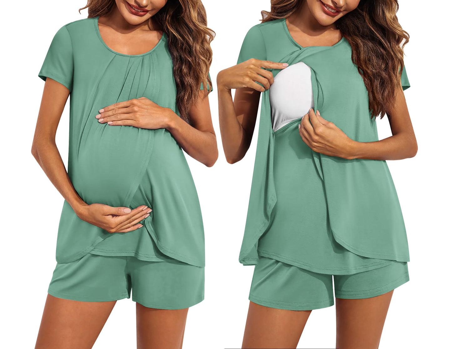 Ekouaer Women's Maternity Nursing Pajamas Set Breastfeeding Sleepwear Double Layer Short Sleeve Top & Shorts Nursing Pjs