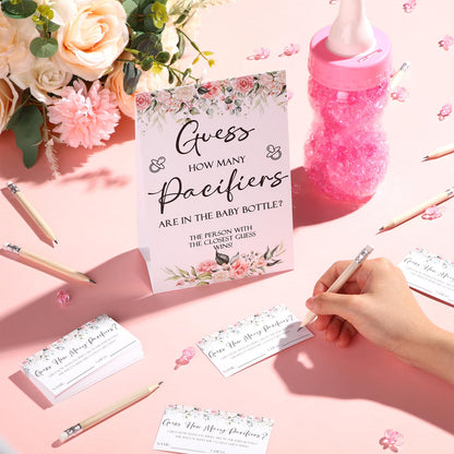 Roowest 512 Pcs Baby Shower Games Guess How Many Pacifiers Sign 100 Small Guessing Games 10 HB Pencils 750ml Milk Bottle 400 Acrylic Pacifiers Decoration for Guest Gender Reveal(Pink,Bear)