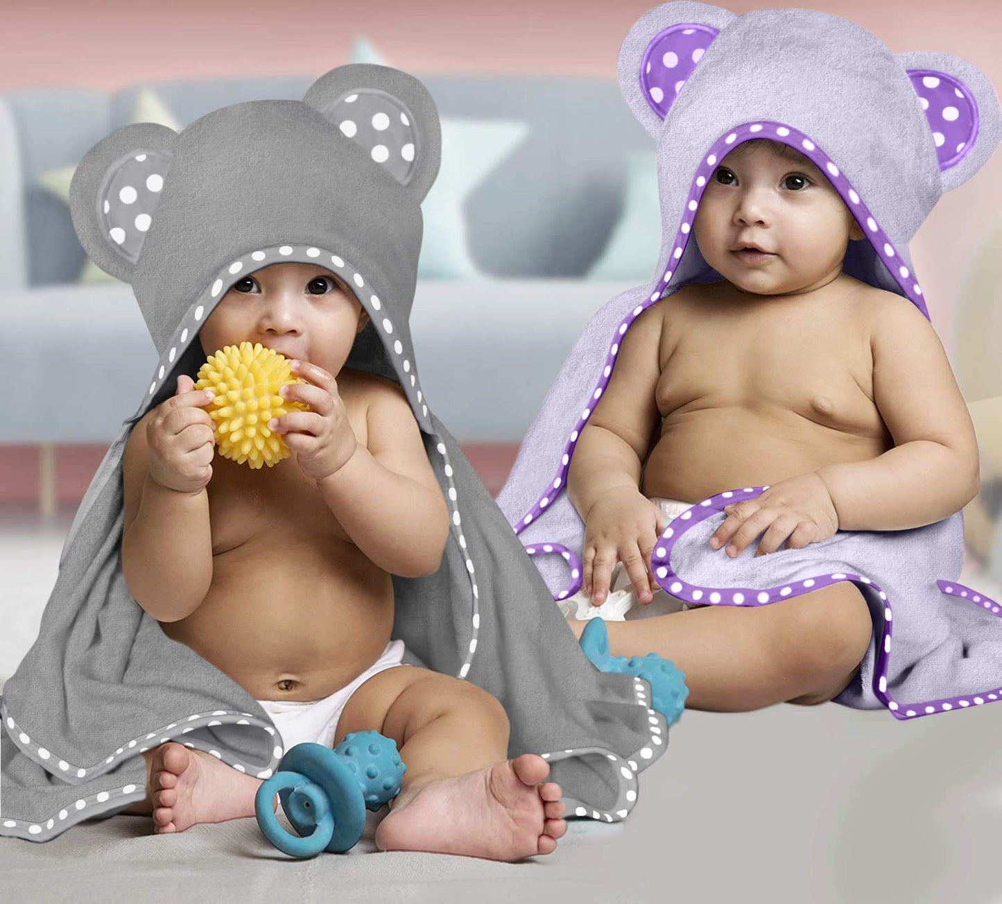 Set of 2 Hooded Baby Towels – White and Grey – Luxurious, Large and Super Absorbent – 30 x 30 Inch – Soft and Suitable for Infants, Toddlers and Kids – 400 GSM