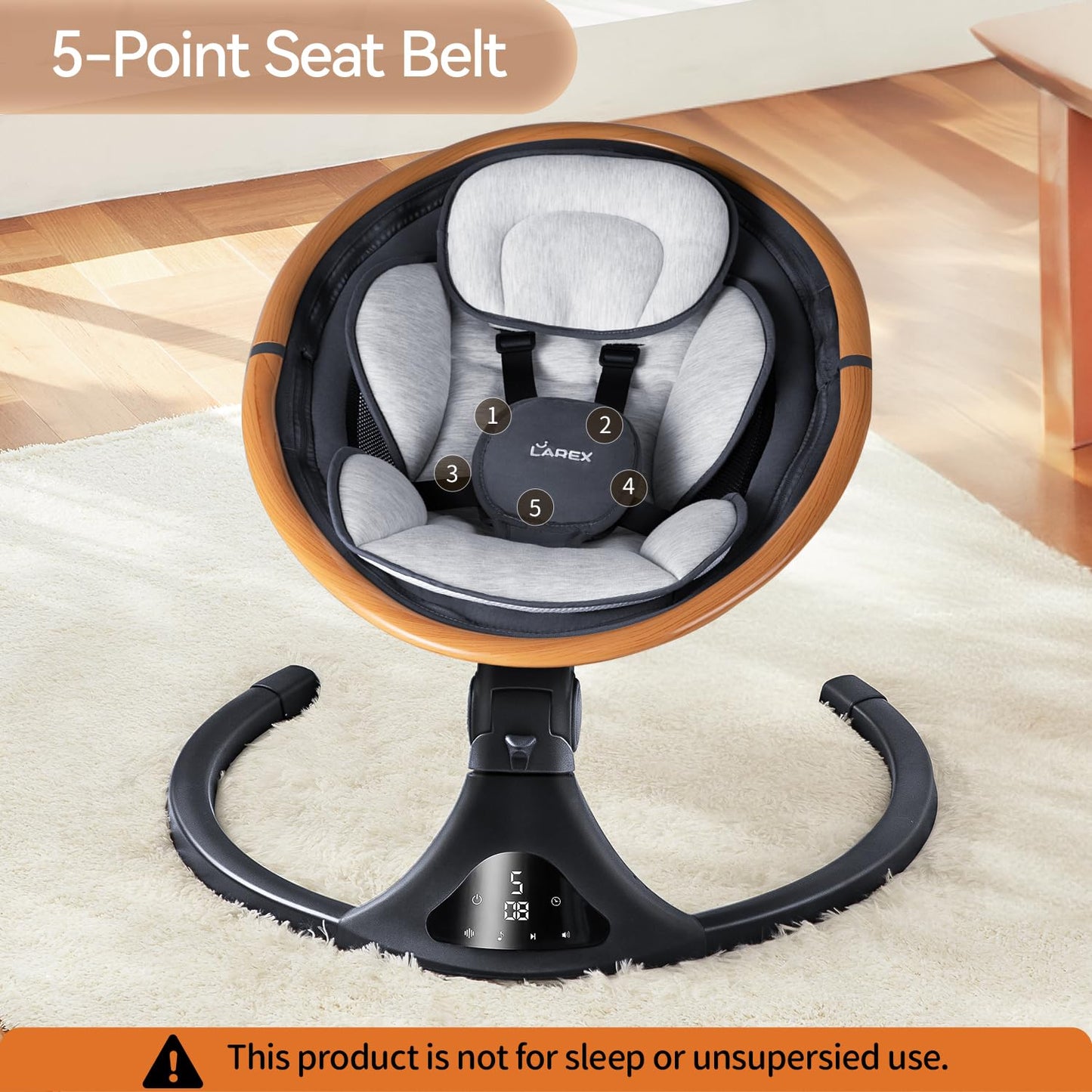 LAREX Baby Swing to Toddler Electric Infant Swing Portable for Newborn Boy Girl, 5 Sway Speeds with Remote Control, 12 Preset Melodies and Bluetooth, 0-6 Months Max 20 Lbs(Dark Wood Grain)