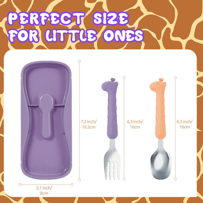 lohodo Toddler Utensils Kids Spoon and Fork Set 18/8 Stainless Steel Silverware BPA Free Pink & Purple Cute Giraffe Child Flatware with Travel Case for Age 3+