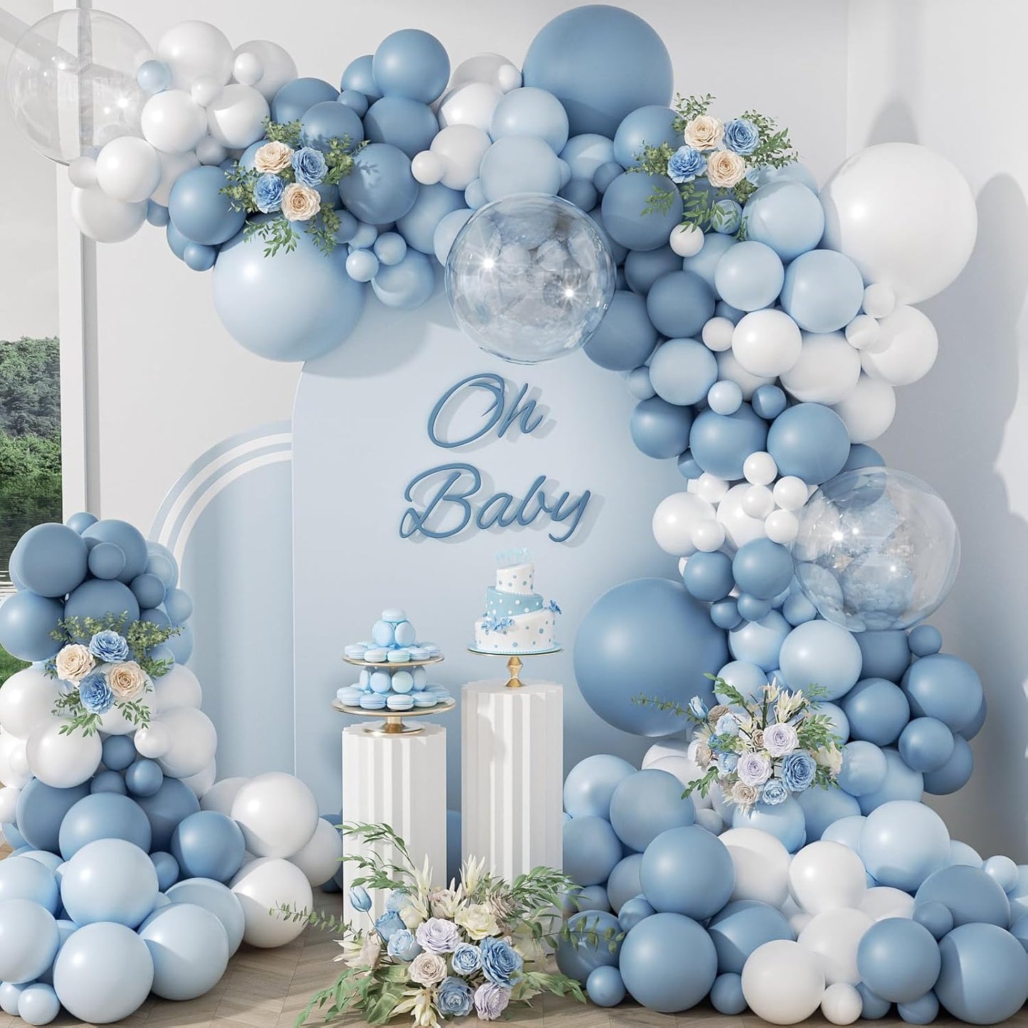 119pcs Dusty Blue Balloon Arch Garland Kit, Blue & White Balloon Arch Kit with Dusty Blue, Pastel Blue, White Clear Balloons for Bridal, Baby Shower Party Decorations