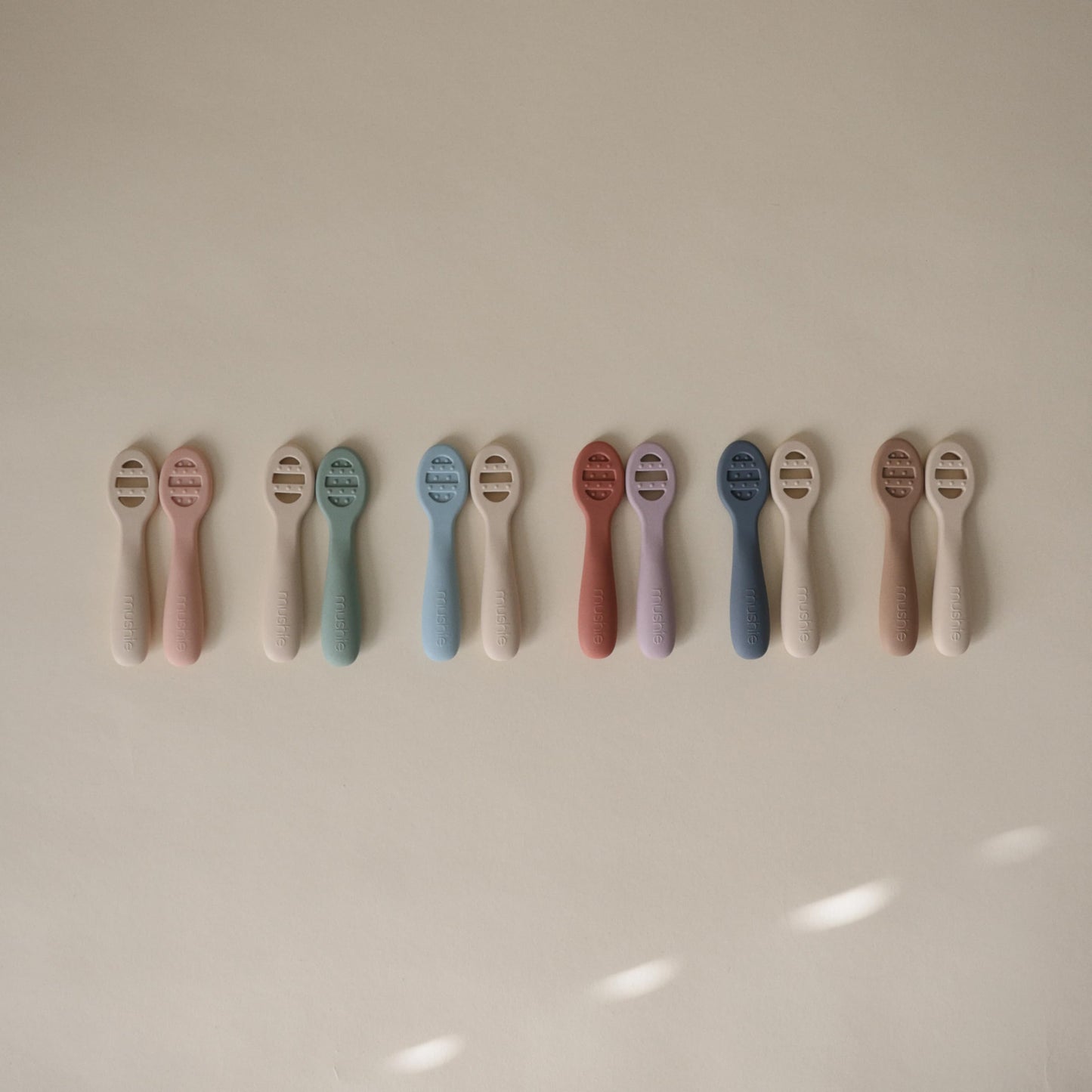 mushie Silicone First Feeding Baby Spoons | 2 Pack (Tradewinds/Shifting Sand)