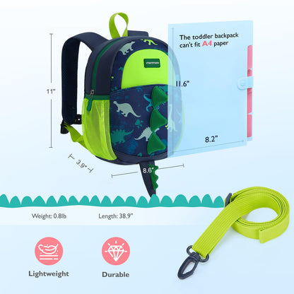 mommore Toddler Backpack for Boys 2-4, 3D Cartoon Mini Kids Travel Bag, Small Baby Backpack with Toddler Leash, Chest Buckle, Water-Resistant Pre-K Schoolbag, Dinosaur