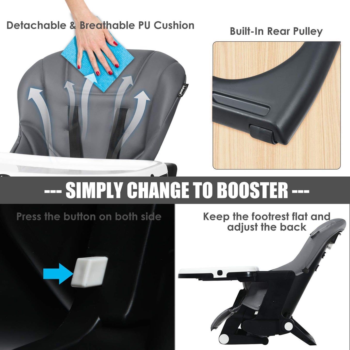 INFANS High Chair for Babies & Toddlers, Foldable Highchair with Multiple Adjustable Backrest, Footrest and Seat Height, Removable Tray, Detachable PU Leather Cushion, Built-in Rear Wheels (Black)