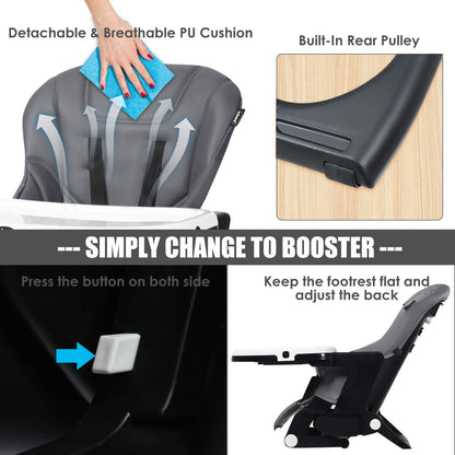 INFANS High Chair for Babies & Toddlers, Foldable Highchair with Multiple Adjustable Backrest, Footrest and Seat Height, Removable Tray, Detachable PU Leather Cushion, Built-in Rear Wheels (Black)