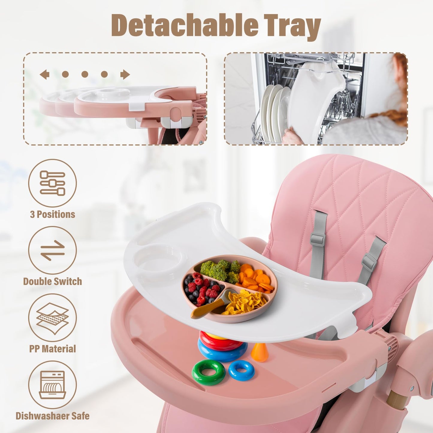 Portable High Chairs for Babies and Toddlers, 3-in-1 Foldable High Chair, Adjustable Height & Recline Baby Feeding Chair with Removable Tray, Adjustable Backrest, Pedal & Lockable Wheels Pink