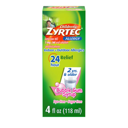 Zyrtec Children's 24 Hour Allergy Relief Syrup, 5 mg Cetirizine Hydrochloride Antihistamine, Kids Allergy Medicine for Indoor & Outdoor Allergy Relief, Dye- & Sugar-Free, Grape, 8 fl. oz