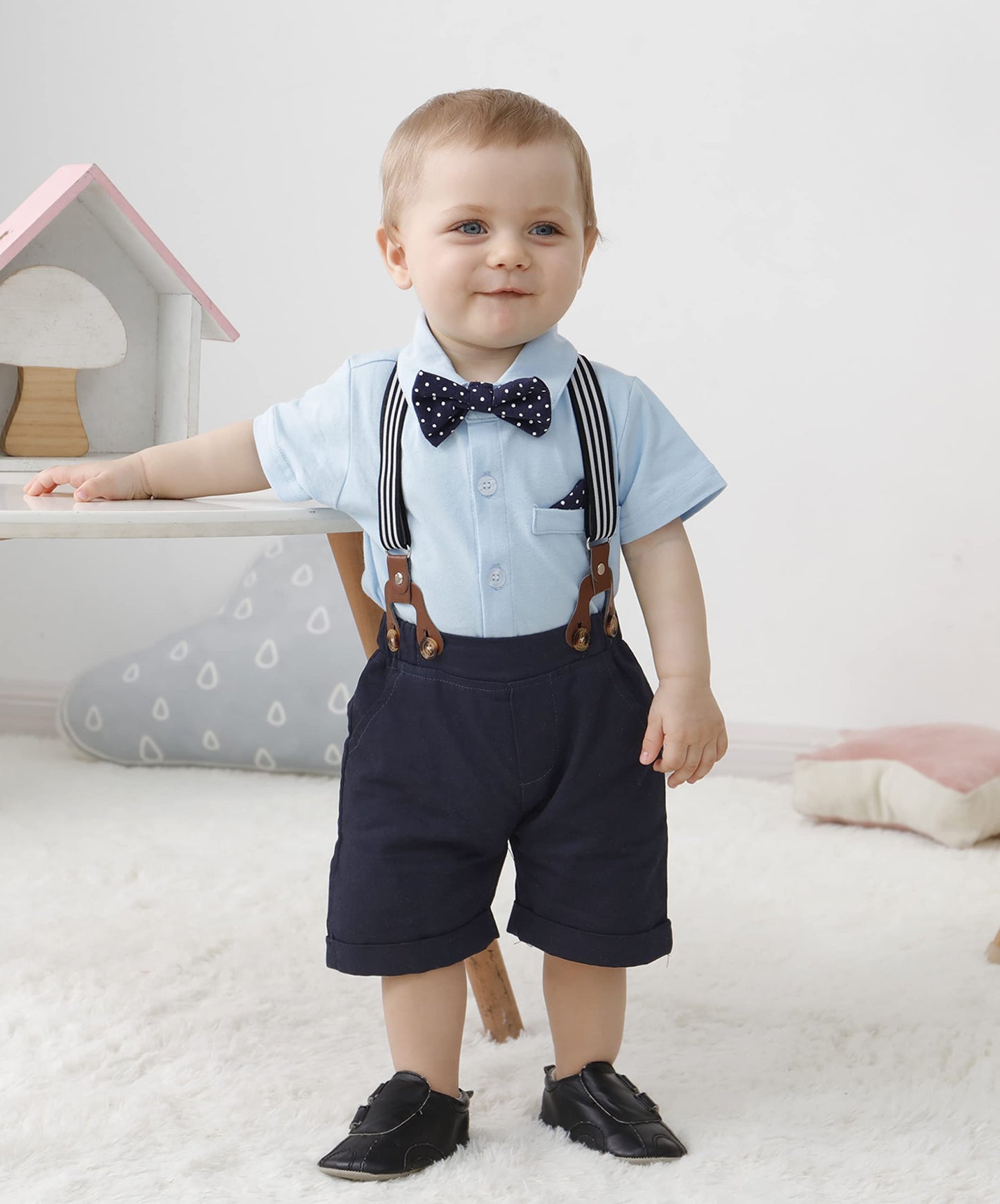 YUEMION Infant Baby Boy Clothes Gentleman Outfits Suits Summer Short Sleeve Bowtie Bodysuit Shirts + Suspender Shorts(0-24M)
