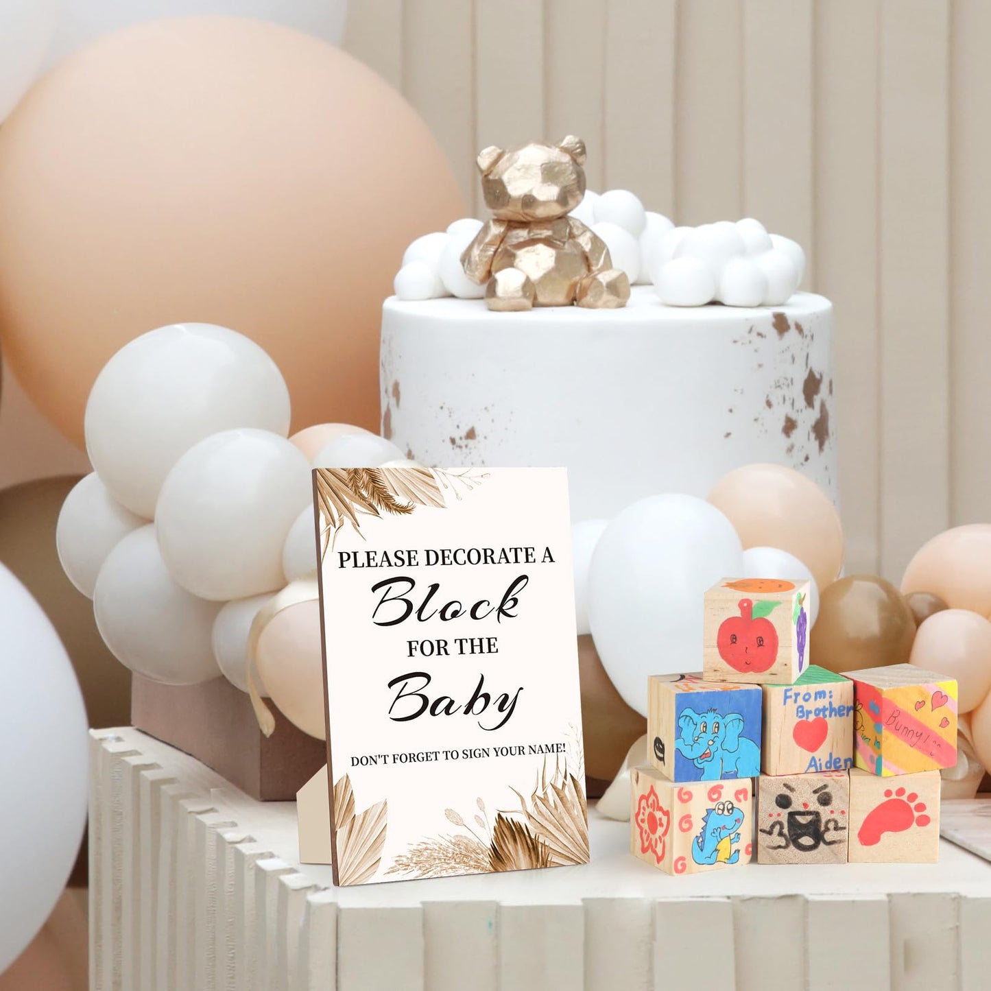 Baby Shower Games Sign Kit with 50 Blank Wooden Baby Blocks, 24 Acrylic Paint Marker and Wooden Sign, Blocks for Baby Shower, Gender Reveals Party(Green)