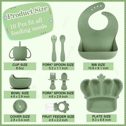 Silicone Baby Feeding Set 10 Pcs Baby Led Weaning Supplies Suction Bowl Divided Plate Baby Bibs Fruit Feeder Baby Spoons Forks Sippy Cup Toddler Utensil Sets Baby Essentials for Newborn Gift