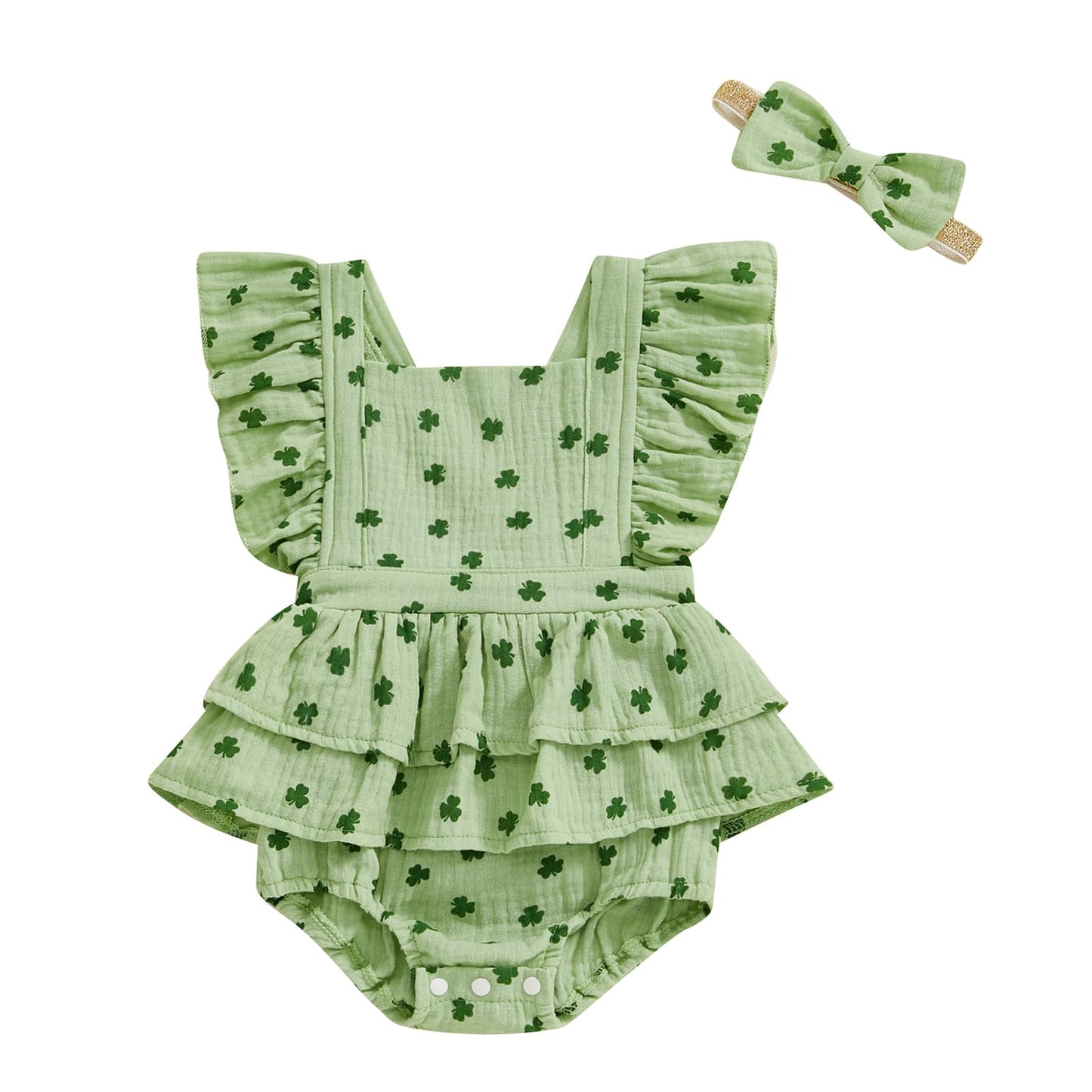 Baby Girls Flutter Sleeve Ruffles Layered Romper Dress Cute Patterns Printed Holiday Outfit with Headband