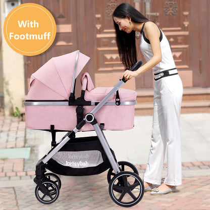 2-in-1 Baby Stroller with Bassinet Mode - Folding Infant Newborn Pram Stroller with Reversible Seat - Toddler Strollers for 0-36 Months Old Babies (Beige)