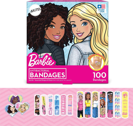 Barbie Antibacterial Kids Bandages, 3 Assorted Sizes 100 CT | Wear Like Stickers, Flexible Adhesive Bandages for Minor Cuts, Scrapes, and Burns. Great Gift idea for Kids