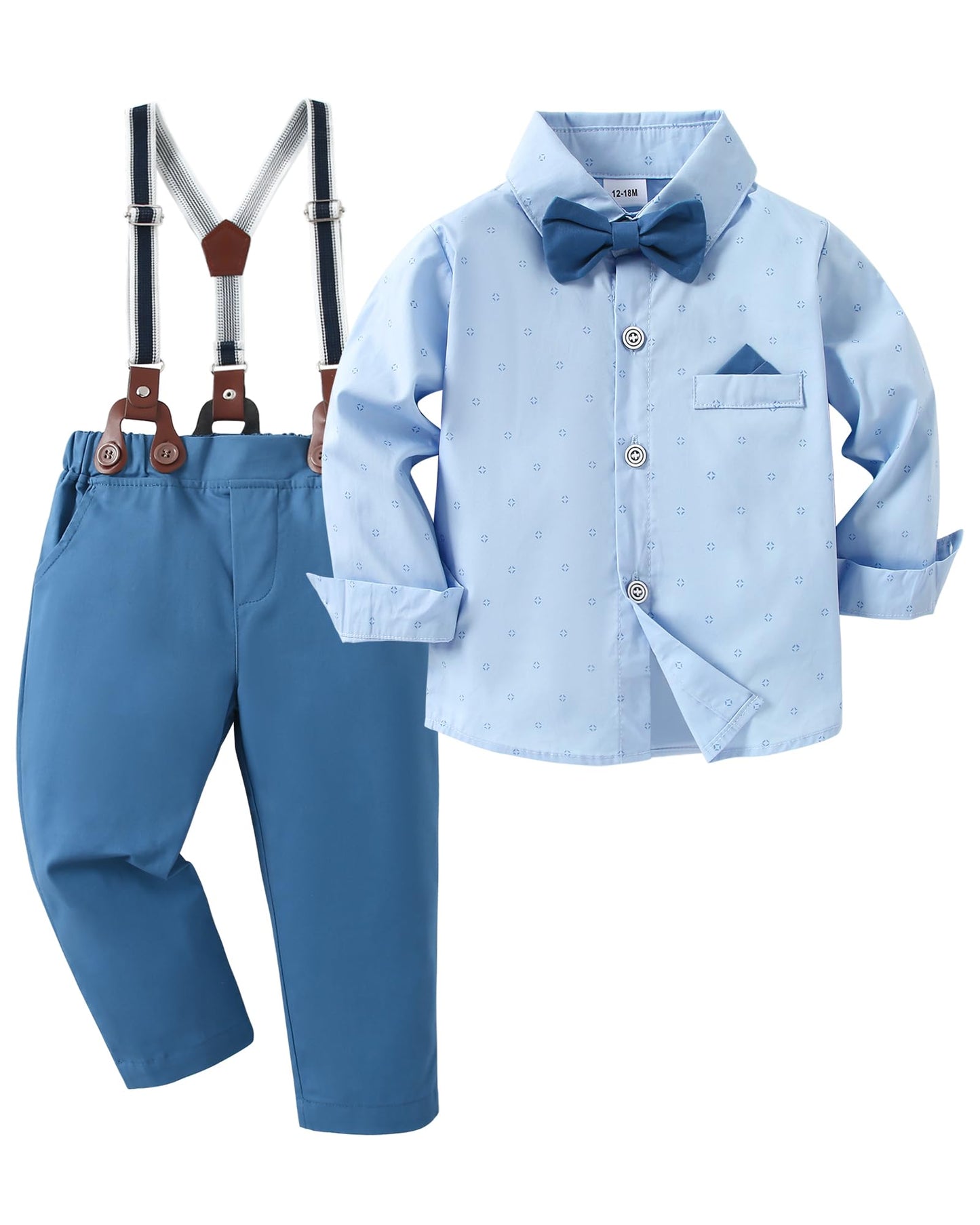 CARETOO Toddler Boy Clothes Suit Gentleman Wedding Outfits Kids Formal Dress Shirt Bowtie Long Suspender Pants Overalls 1-5T