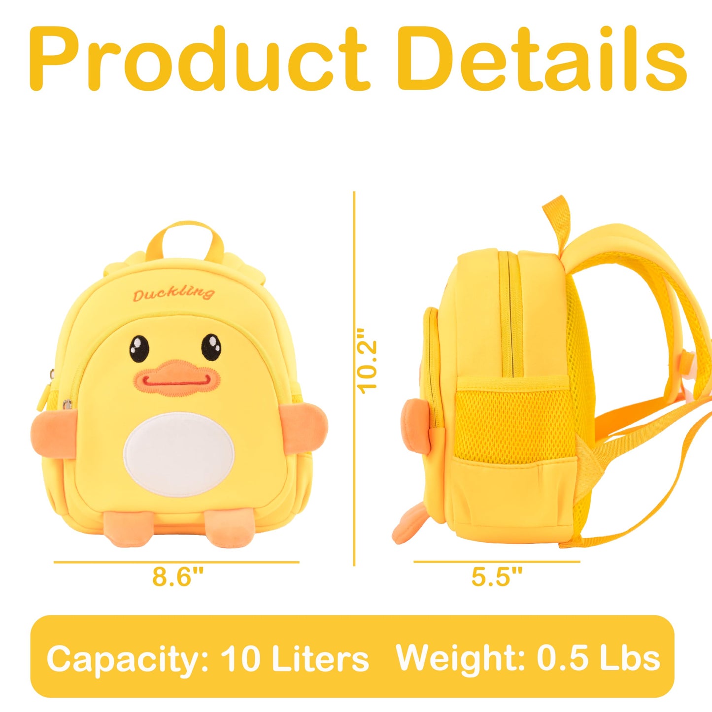 Toddler Backpacks for Boys Girls 2-4 Cute 3D Kids Duck Schoolbag with Baby Leash for Small Preschool Kindergarten Bookbag Cartoon Mini Travel Bags 10inch (Yellow)