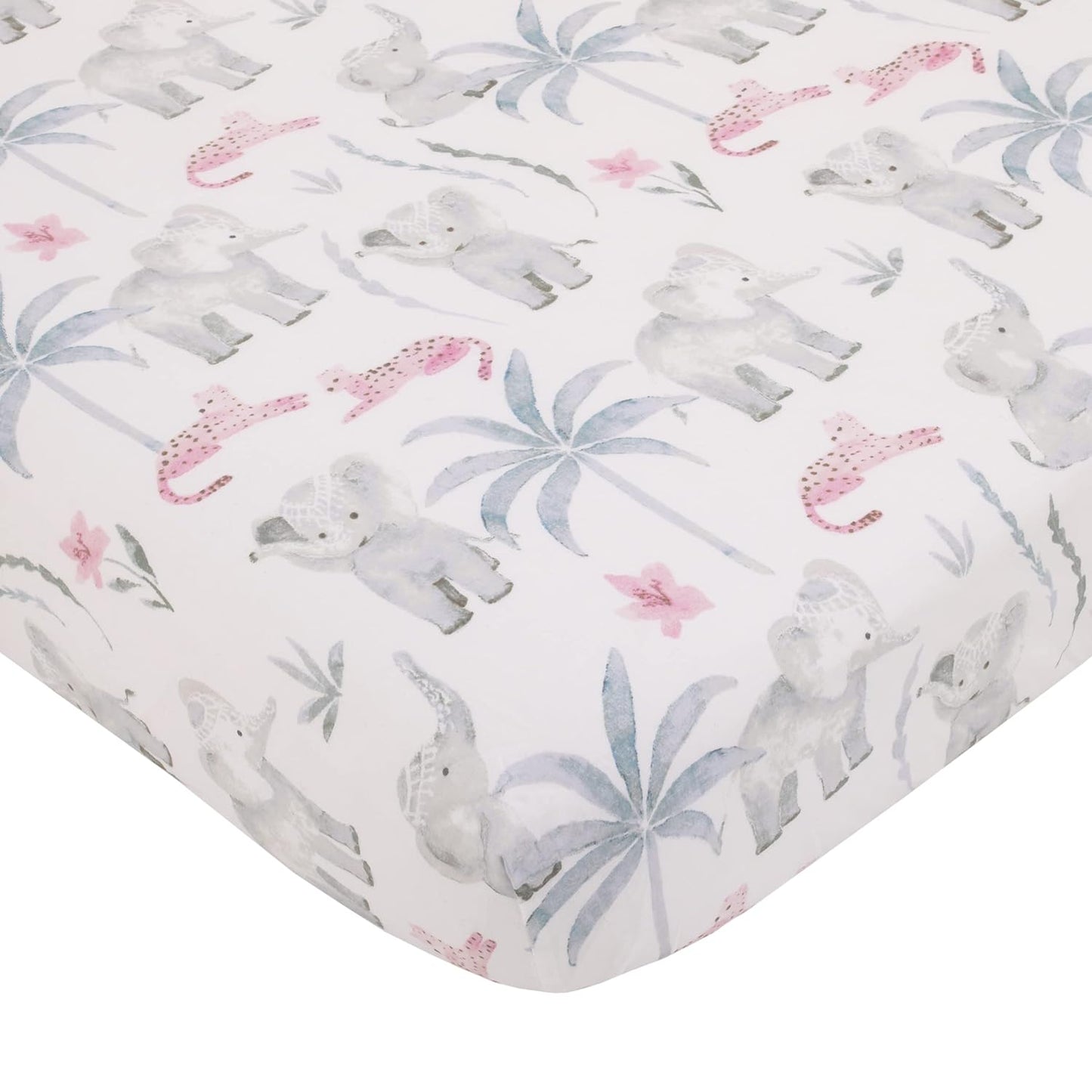 NoJo Tropical Princess Elephant/Jungle Pink and Green 4 Piece Crib Bedding Set - Comforter, Fitted Crib Sheet, Dust Ruffle and Storage