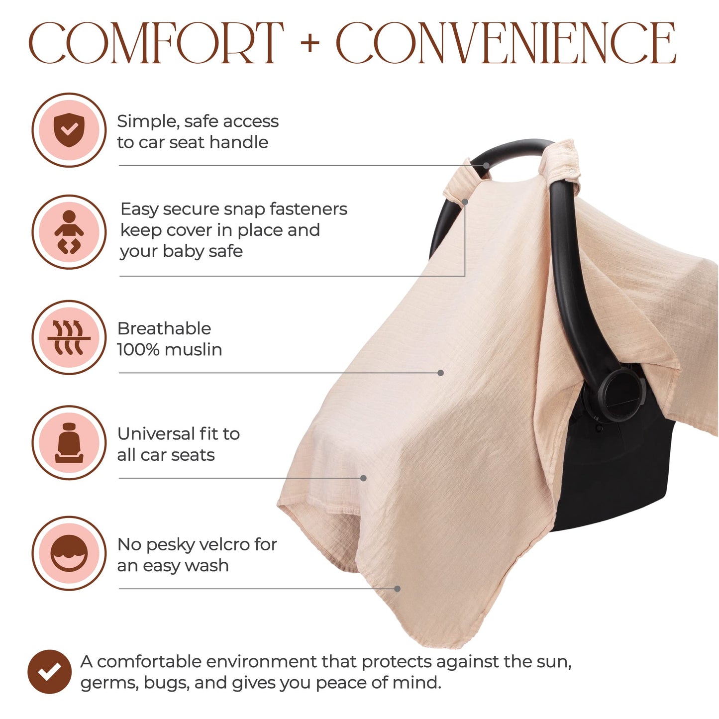 Comfy Cubs Baby Car Seat Cover - Soft, Breathable Bamboo Rayon and Muslin Cotton Blend - Lightweight Canopy for Sun, Bug, and Comfort Protection - Large Size Infant Seat Cover in Sage Design