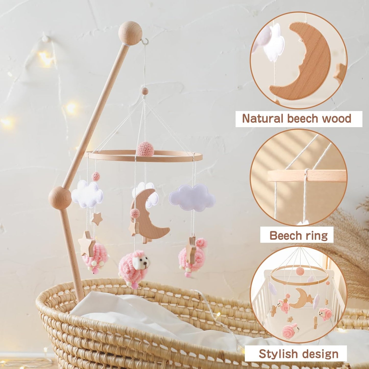 Wooden Crib Mobile Arm | Baby Crib Mobile Arm Wooden Holder | Rotatable Adjustable Anti Slip Attachment Clamp for Sturdy Mobile Hanger (Curved Arm)