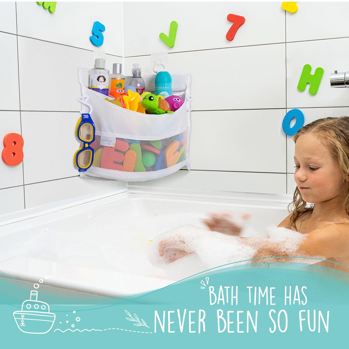 2 x Mesh Bath Toy Organizer + 8 Ultra Strong Hooks – The Perfect Bathtub Toy Holder & Bathroom or Shower Caddy – These Multi-use Net Bags Make Baby Bath Toy Storage Easy – For Kids & Toddlers