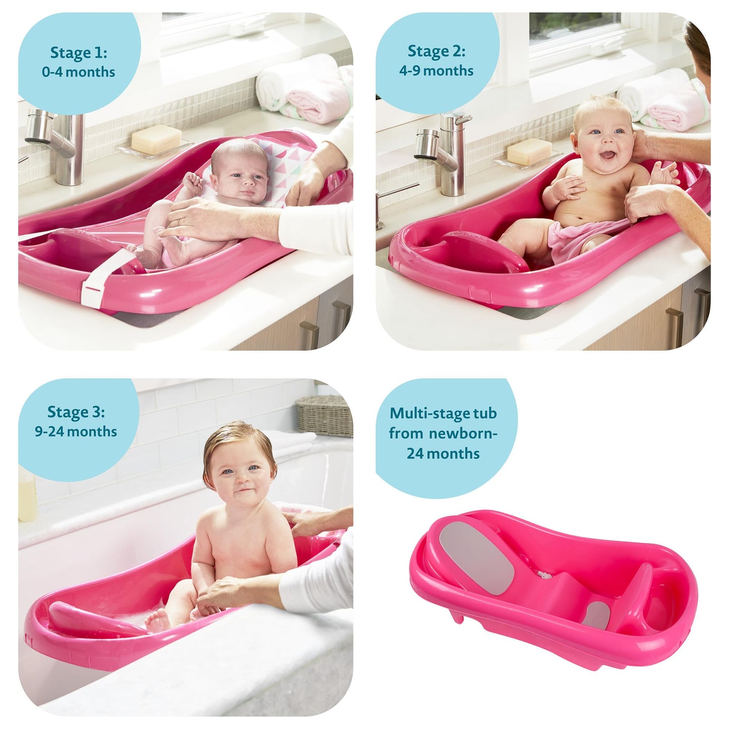 The First Years Newborn to Toddler Baby Bath Tub - Convertible 3-in-1 Baby Tub with Removable Sling - Ages 0 to 24 Months - Sure Comfort - Pink