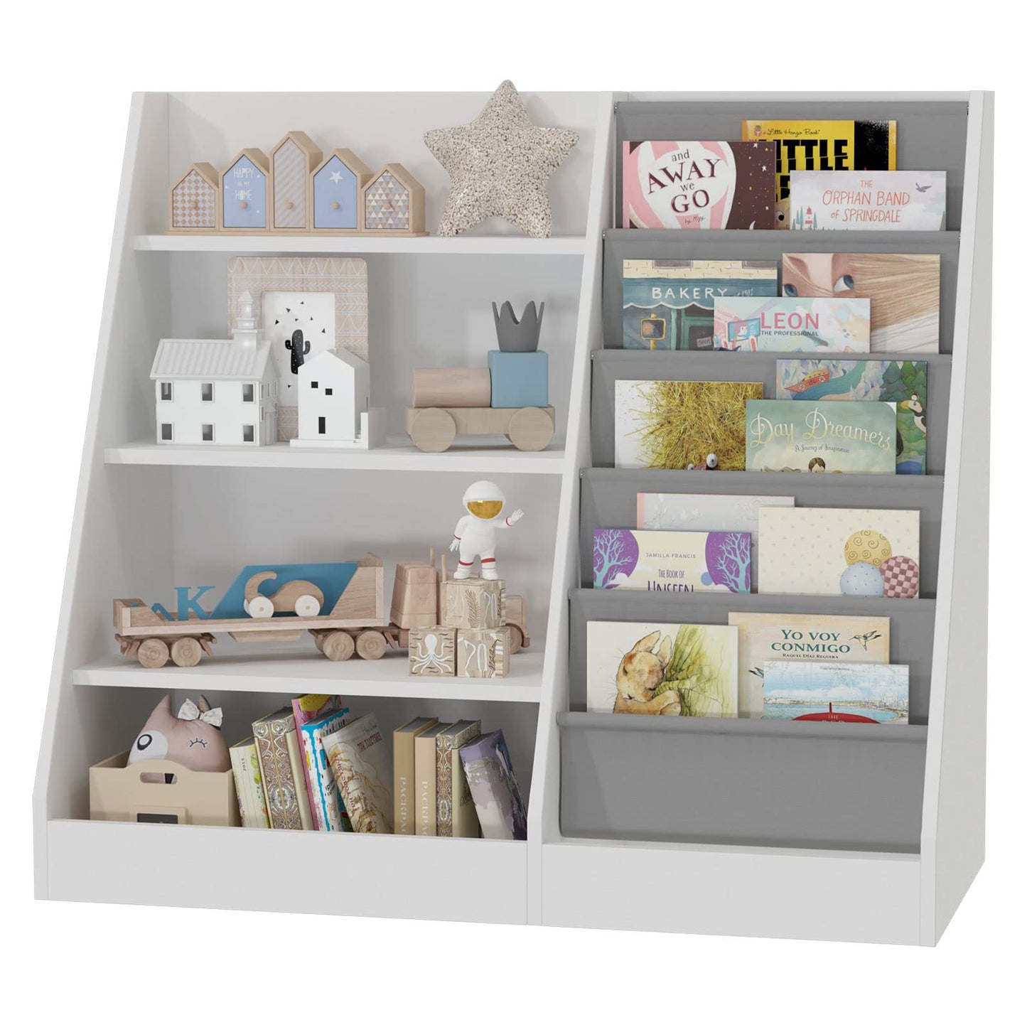 White Kids Bookshelf Wood Toy Storage Organizer Cabinet Children Bookcase Toddler Baby Sling Book Rack 3 Cube Bins Fabric Drawers for Playroom Bedroom Nursery School