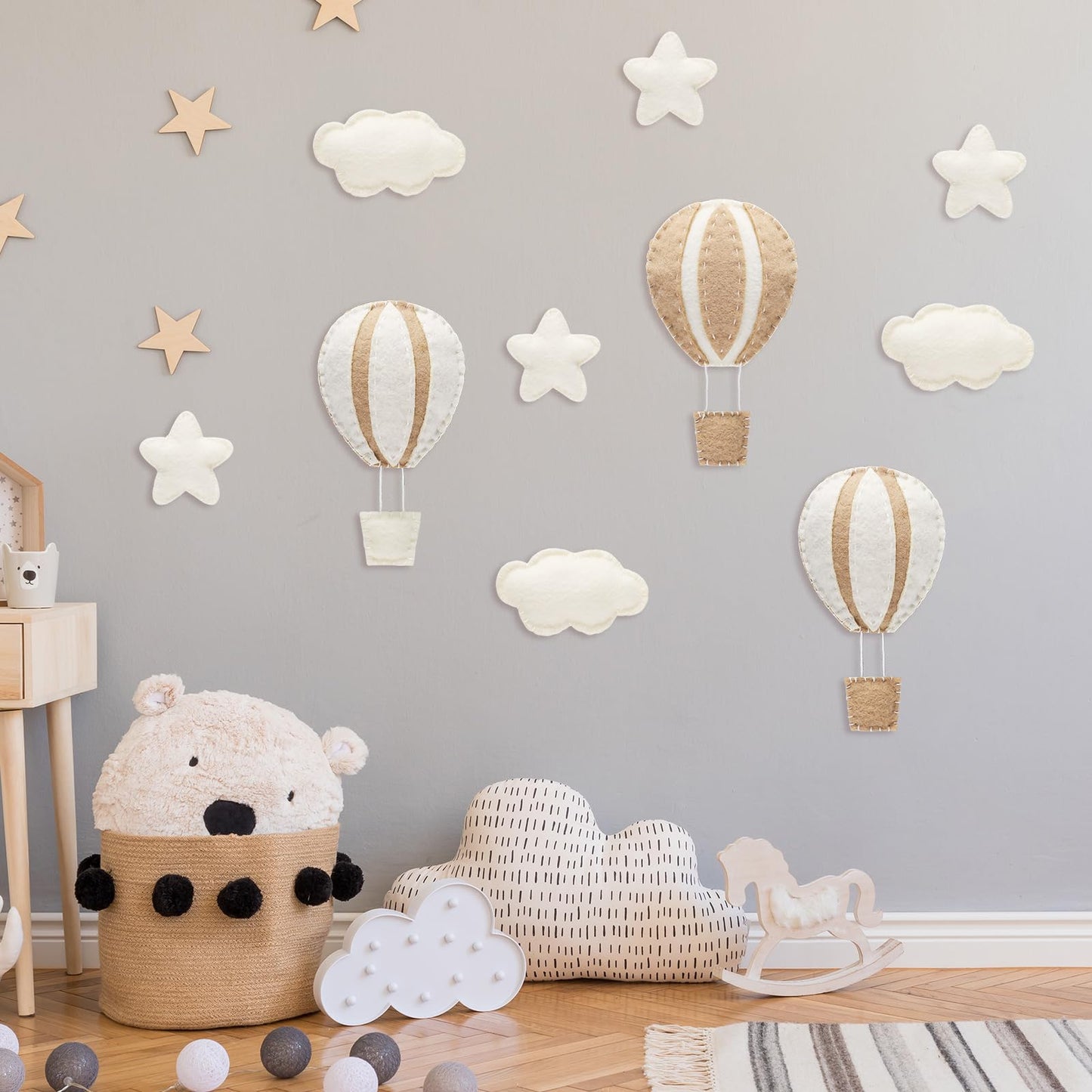 Poen 10 Pcs Star Hot Air Balloon and Cloud Nursery Decor Western Wall Decor for Bedroom Mini Felt Clouds Stars Hot Air Balloon Nursery Felt Wall for Kids Baby Bedroom(Khaki)