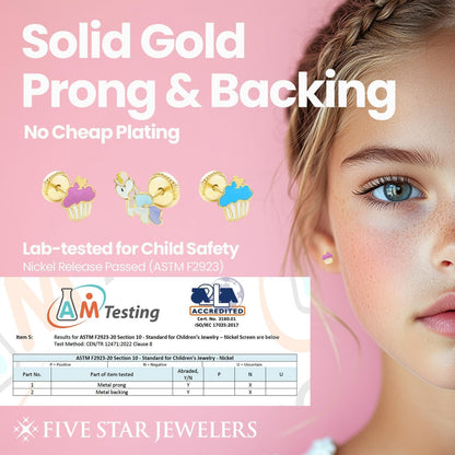 Five Star Jewelers 14k Solid Gold Unicorn Stud Earrings for Girls - Hypoallergenic Kids Jewelry with Secure Screw Back - Adorable Vibrant Enamel Design - Little Girl Earrings - Gift Box