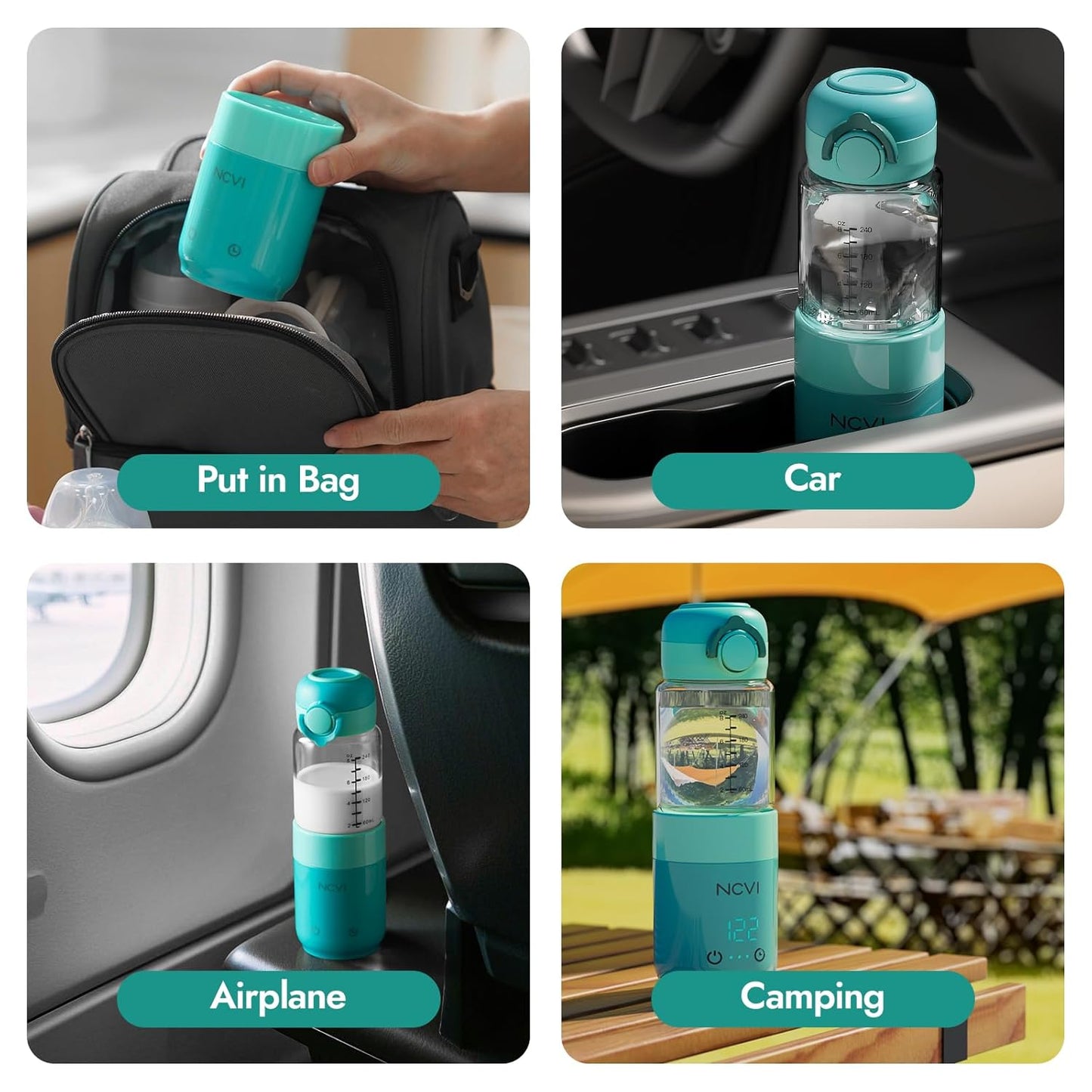NCVI Portable Glass Bottle Warmer for Baby Travel on The Go, Car USB Breastmilk Warmer Battery Powered, Airplane Cordless Fast Water Warmer for Formula Bottles of Narrow&Wide Mouth, Dual-use Design