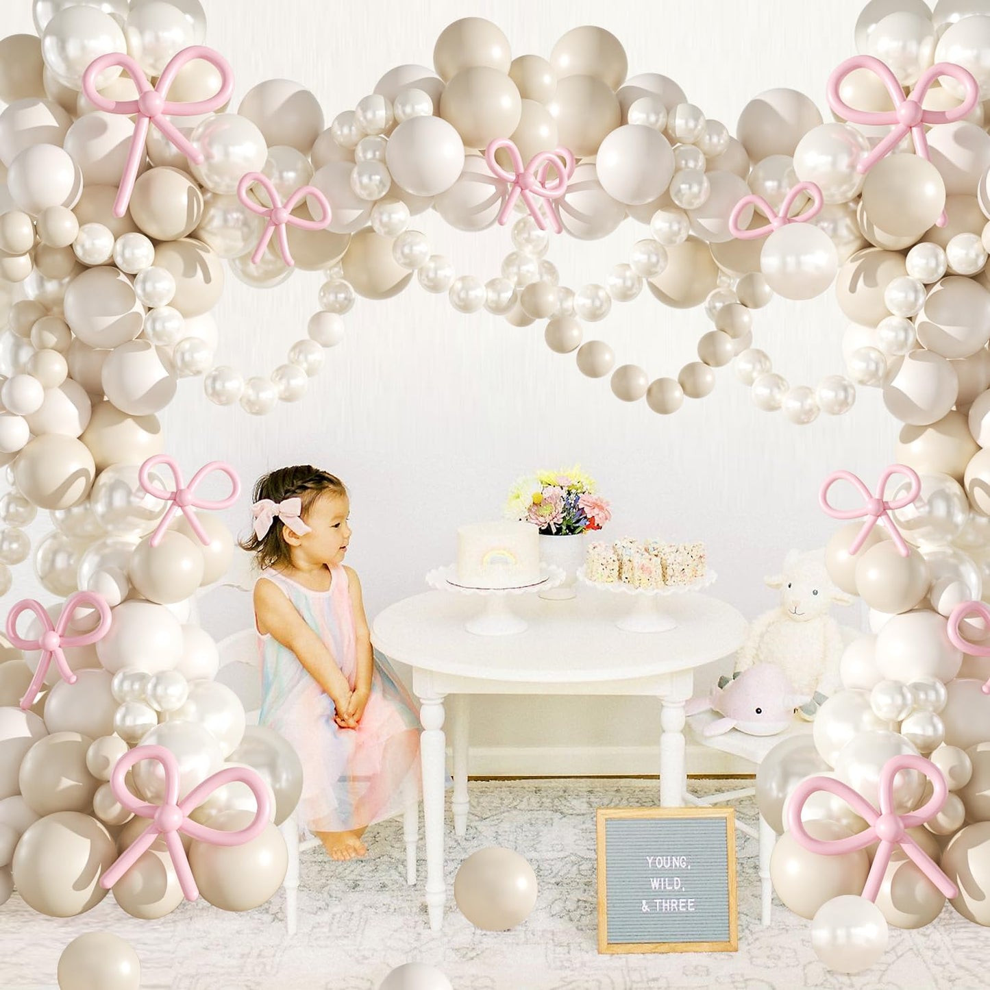 Pink Balloon Garland Arch Kit, Coquette Birthday Decorations 176Pcs Bow Long Balloons White and Pink Different Sizes for Wedding Bridal Baby Shower Bachelorette Party