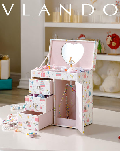 Vlando Musical Jewelry Box for Girls, Large Kid Music Box with Ballerina for Birthday Bedroom Decor, 4 Layer Girl Jewelry Gifts for Girls Kids - Light Pink