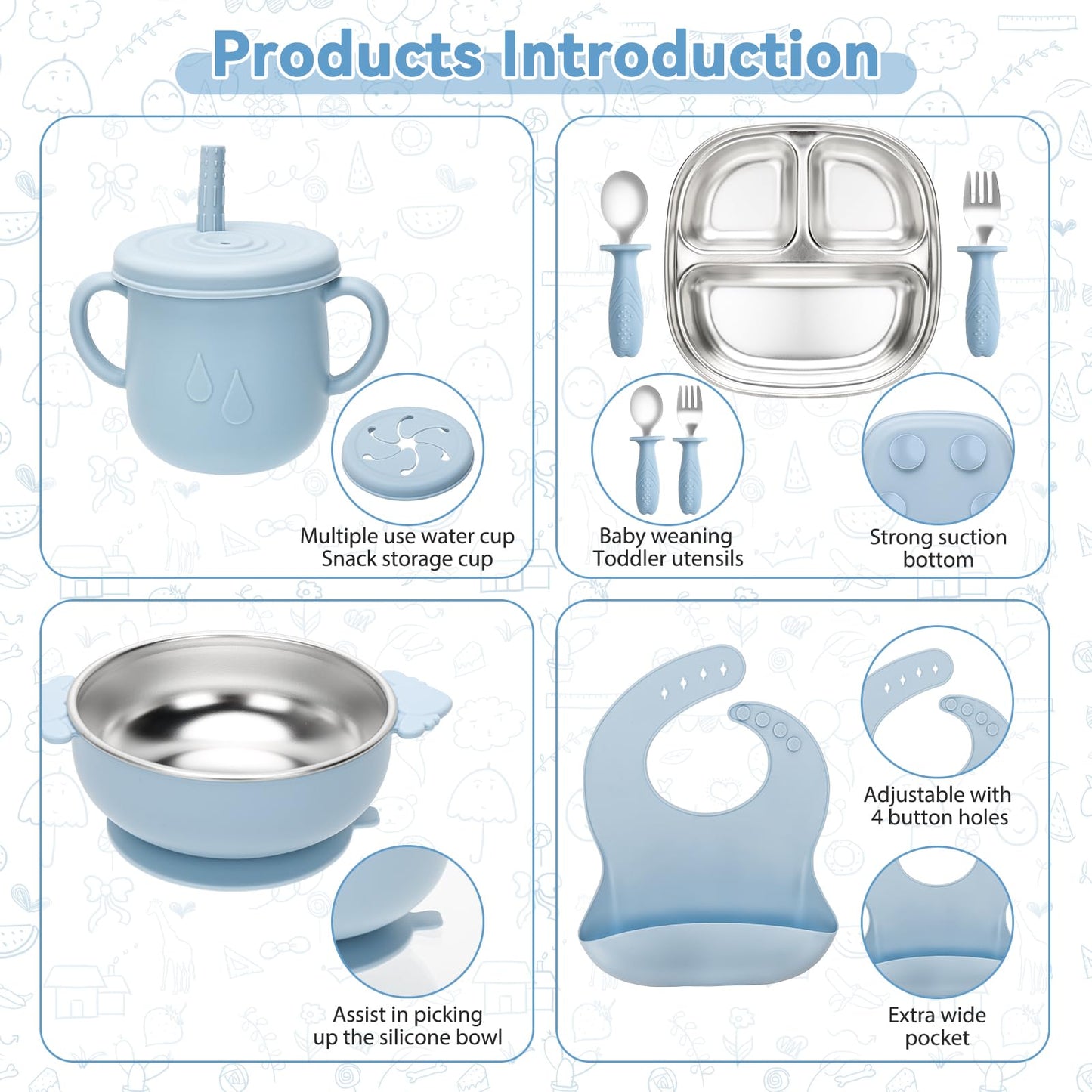 Baby Weaning Bundle, Silicone Baby Feeding Set, Comes with Detachable Silicone Stainless Steel Toddlers Plate and Bowl set, Baby Bib and 2-in-1 Water Cup and spoons (Blue)