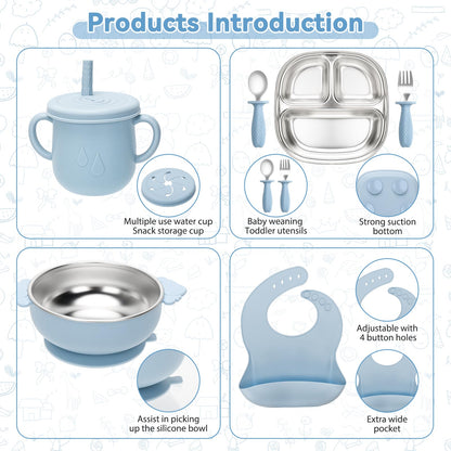 Baby Weaning Bundle, Silicone Baby Feeding Set, Comes with Detachable Silicone Stainless Steel Toddlers Plate and Bowl set, Baby Bib and 2-in-1 Water Cup and spoons (Blue)