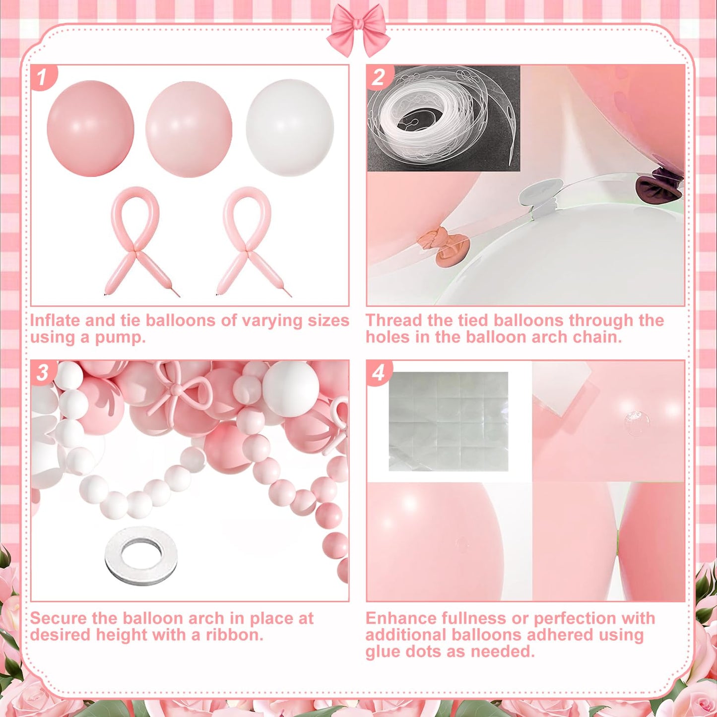 Pink Balloon Garland Arch Kit, Coquette Birthday Decorations 176Pcs Bow Long Balloons White and Pink Different Sizes for Wedding Bridal Baby Shower Bachelorette Party