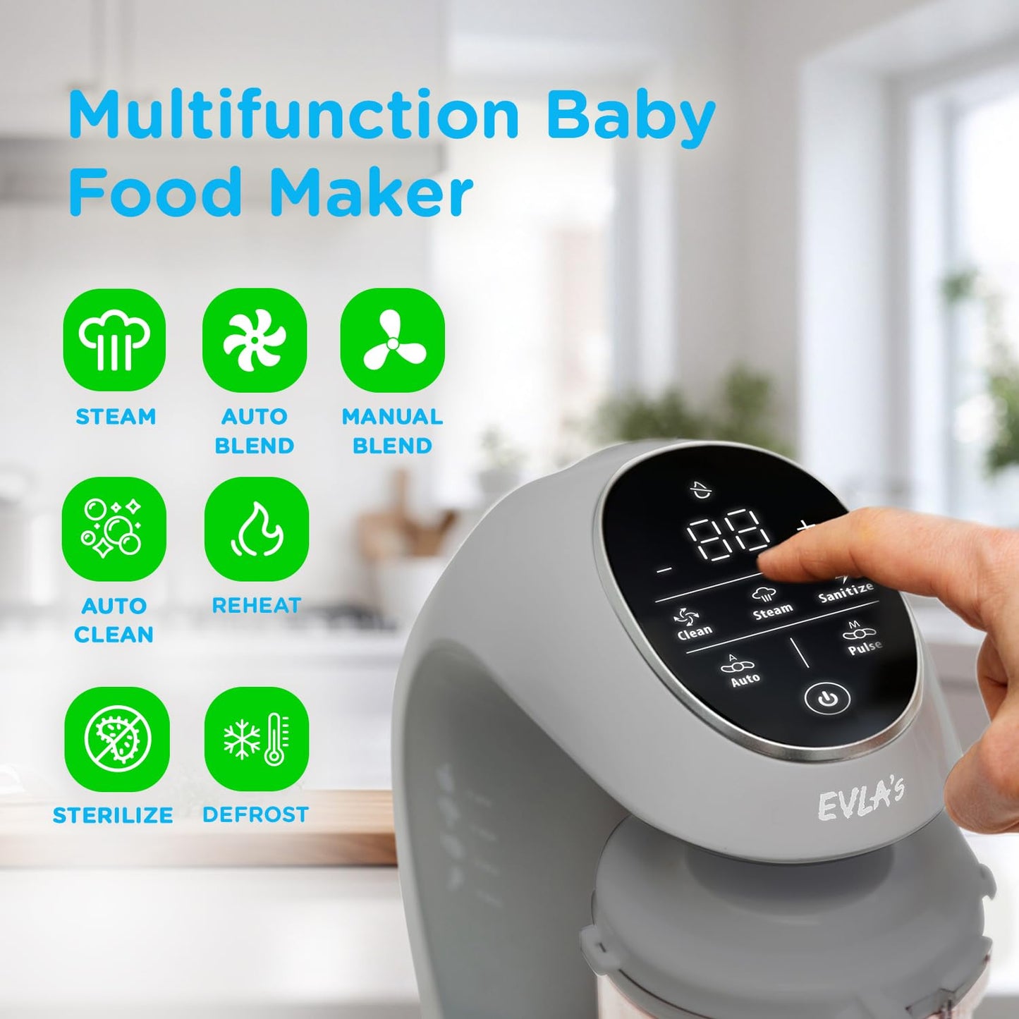 EVLA'S Baby Food Maker, Steamer, Blender, Baby Food Processor for Healthy Homemade Baby Food in Minutes, Touch Screen with 6 Reusable Food Pouches, Baby Registry Essential, White