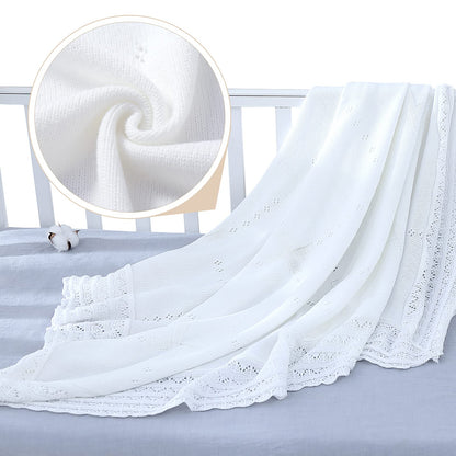 Booulfi Knit White Baby Blankets Neutral,Crib Stroller Newborn Blankets for Boys Girls,Cotton Lace Crochet Winter Blanket Nursery Blanket New Baby Essentials, 38X39