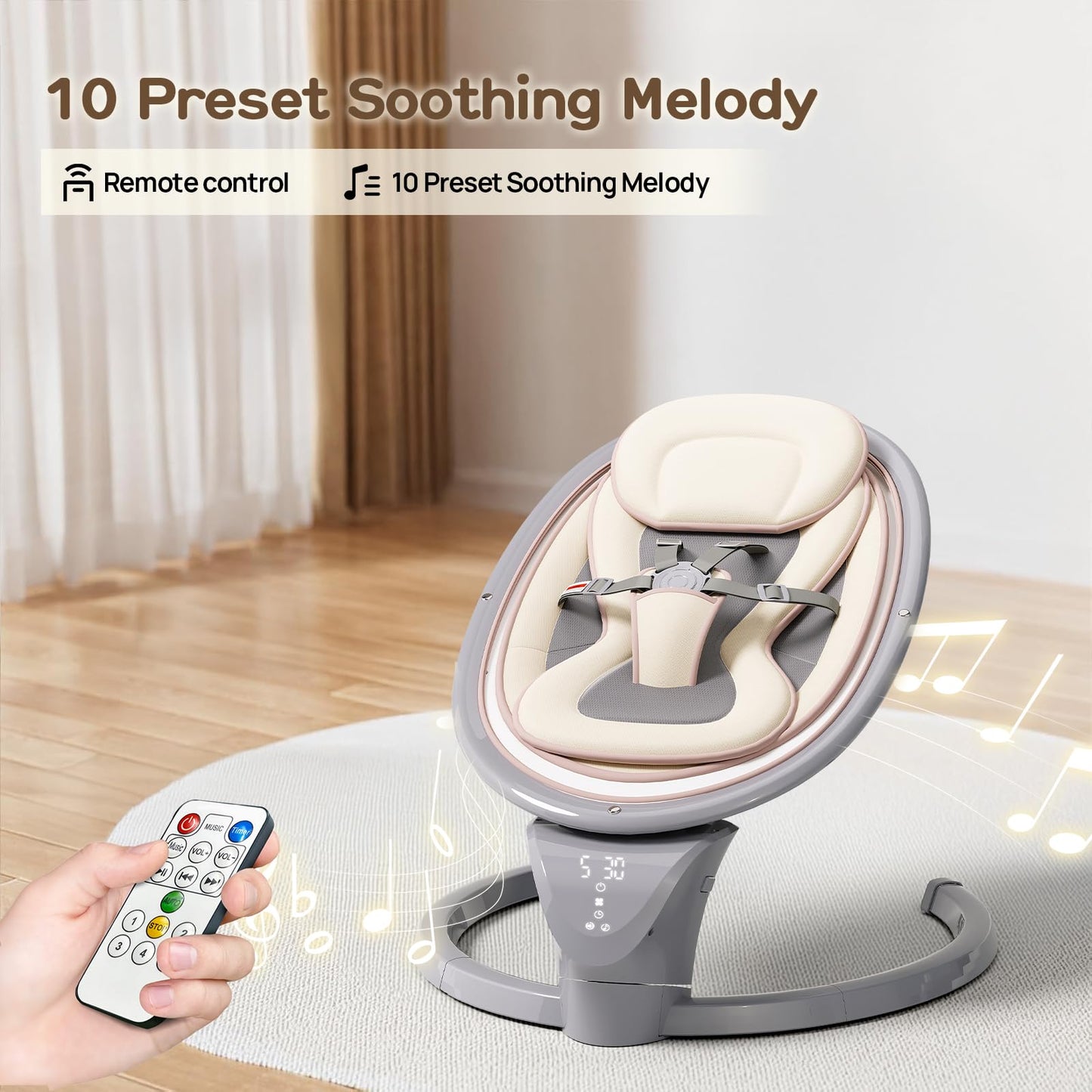 Baby Swings for Infants, Electric Infant Swing with Remote Control, Portable Baby Swing with 5-Point Harness, 5 Speeds, and 10 Preset Lullabies (Adapter Included)