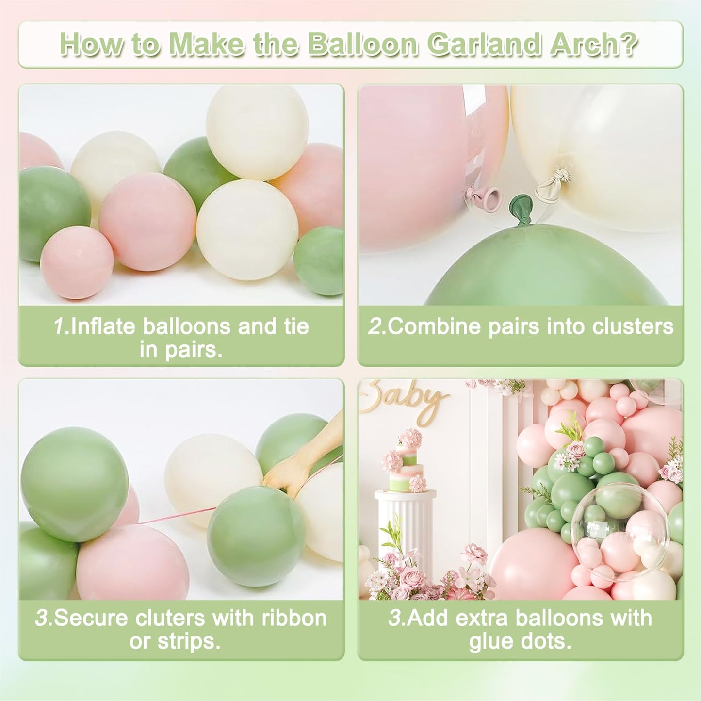 Sage Green Pink Balloon Arch kit,131Pcs Pastel Pink Green Sand White Peach Balloon Arch Graland Kit for Baby Shower Wedding Bridal Birthday Gender Reveal Party Decorations