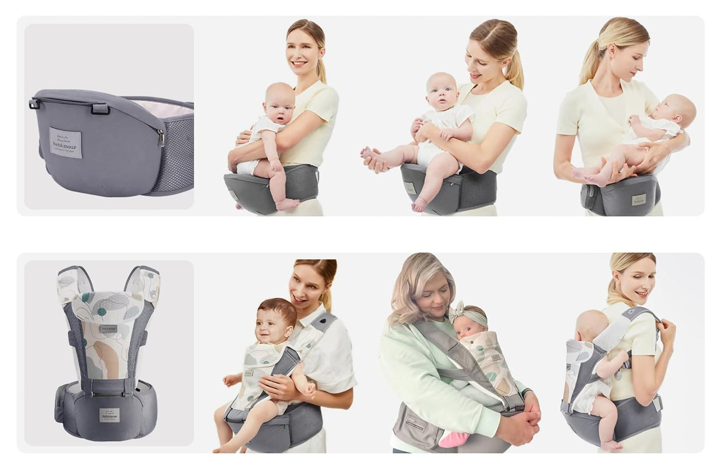 Bebamour Baby Carrier Newborn to Toddler-2 in 1 Hip Seat & Carrier Front and Back Carry with Head Hood & 3 Pieces Teething Pads& Waist Extenders & Storage Bag 0-36 Months (Grey)