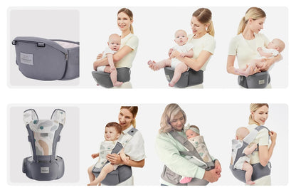 Bebamour Baby Carrier Newborn to Toddler-2 in 1 Hip Seat & Carrier Front and Back Carry with Head Hood & 3 Pieces Teething Pads& Waist Extenders & Storage Bag 0-36 Months (Grey)
