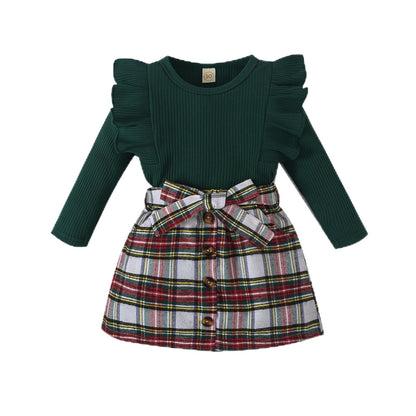 Noubeau Toddler Baby Girls Plaid Outfits Knit Ribbed Sweatshirt Shirt Tops Red Plaid Belt Skirt Fall Winter Clothes