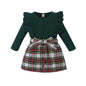 Noubeau Toddler Baby Girls Plaid Outfits Knit Ribbed Sweatshirt Shirt Tops Red Plaid Belt Skirt Fall Winter Clothes