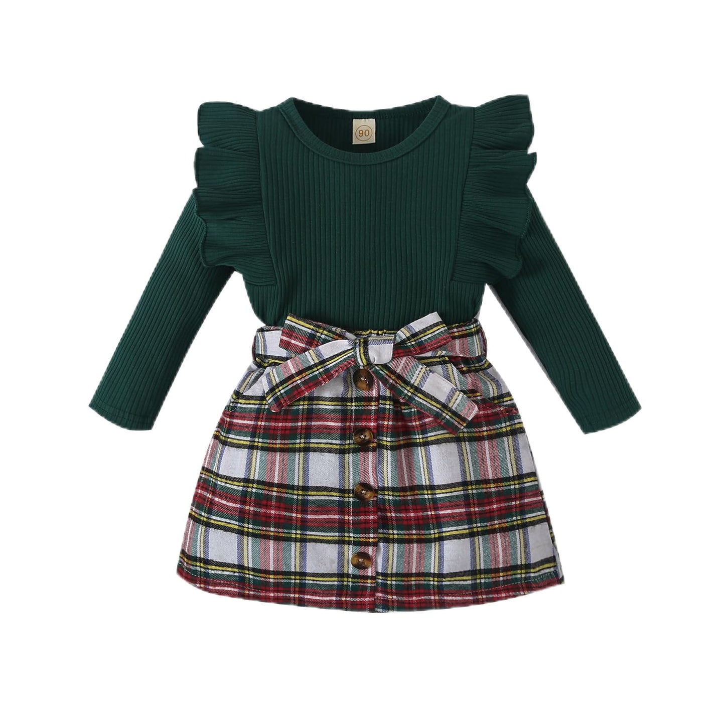 Noubeau Toddler Baby Girls Plaid Outfits Knit Ribbed Sweatshirt Shirt Tops Red Plaid Belt Skirt Fall Winter Clothes