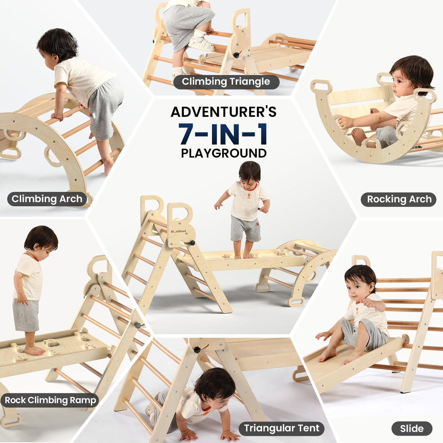 BlueWood Pikler Triangle Set 7-in-1 Foldable Baby Climbing Wooden Toys with Arch&Ramp&Ladder Climber Indoor Jungle Gyms for Toddlers - Rainbow