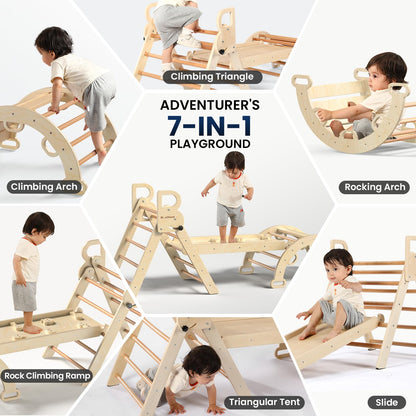 BlueWood Pikler Triangle Set 7-in-1 Foldable Baby Climbing Wooden Toys with Arch&Ramp&Ladder Climber Indoor Jungle Gyms for Toddlers - Rainbow