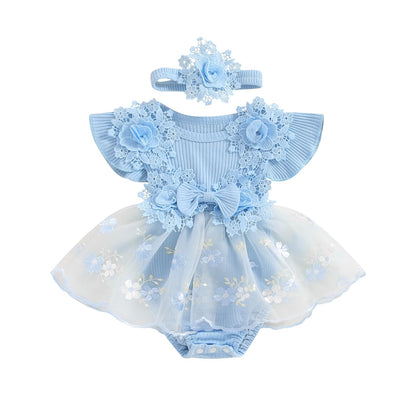 Hnyenmcko Newborn Baby Girl Summer Romper Dress Infant Fly Sleeve Flower Embroidery Mesh Tulle Skirt Hem Ribbed Bodysuit
