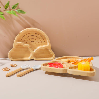 Bamboo Suction Plates Bowls Set for Baby Toddler Divided Platter Food bowl with Silicone Fork & Spoon All-Natural Baby Feeding Set for Baby-Led Weaning, Non-Slip Design