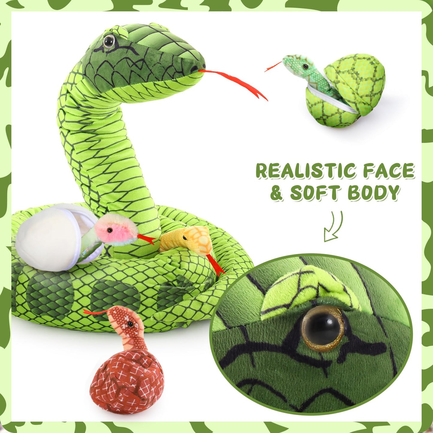 MorisMos Snake Stuffed Animals Plush Toy 120 Inch Giant Snake Plush with Babies Stuffed Snake Toys for Kids Plush Party Decorations Favors Prank Props, 4 Snake Babies, 3 Snake Eggs