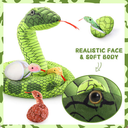 MorisMos Snake Stuffed Animals Plush Toy 120 Inch Giant Snake Plush with Babies Stuffed Snake Toys for Kids Plush Party Decorations Favors Prank Props, 4 Snake Babies, 3 Snake Eggs