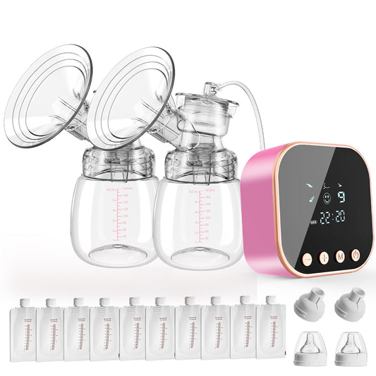 Double Electric Breast Pump Strong Suction, Portable Breast Pump Electric Breastfeeding Pump, Rechargeable Milk Pump with 4 Modes & 9 Levels, Low Noise, Anti-Backflow & LED Display, 24mm Flange, Pink